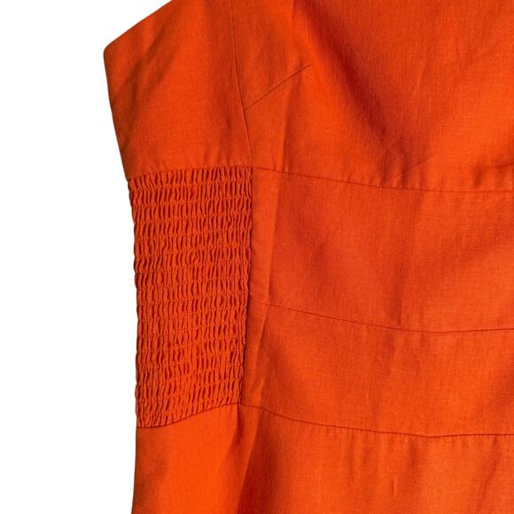 Farm Rio Orange Smocked Linen Blend Sleeveless Resort Midi Sun Dress Size Small - Picture 11 of 16